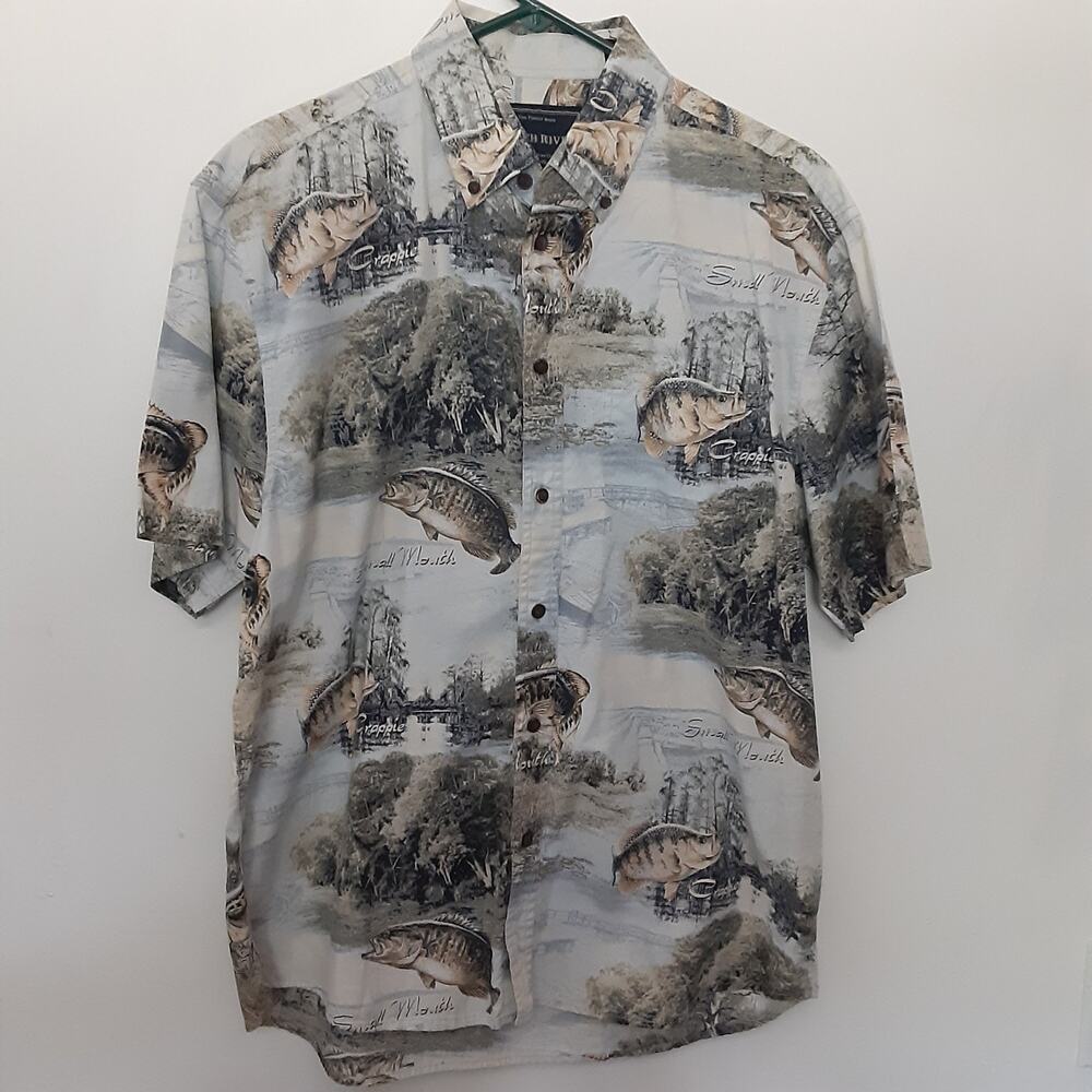 North River Crappie Bass Fishing Shirt Mens M Short Sleeve Button Up Fish Nature